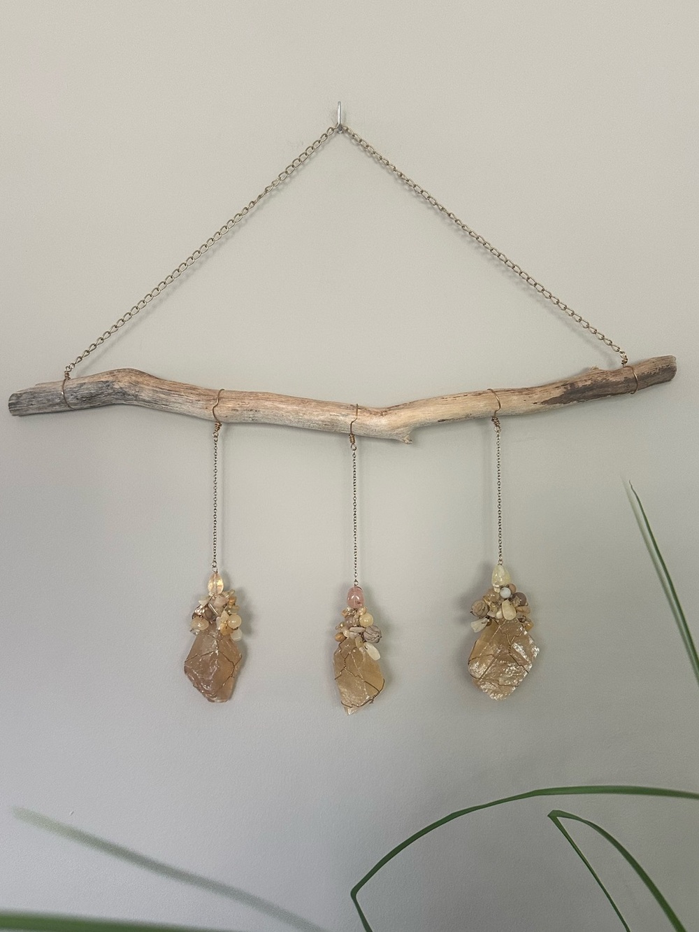 Handcrafted Driftwood and Yellow Calcite Crystal Hanging Wall Decor